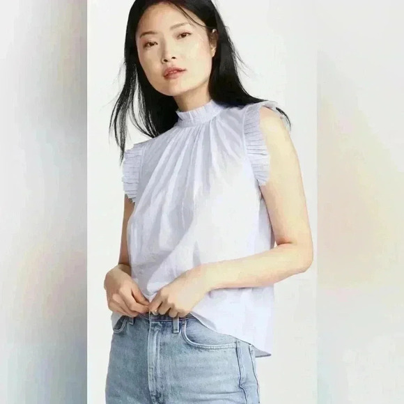 Frame Denim Tops - Frame Raw Edge Ruffle Trim Top In Light Purple Lined Pattern Size XS
